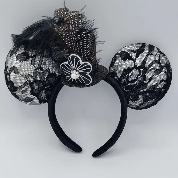 Mickey Minnie Mouse Ears Hat Headband - lace, feathers, mini top hat Authentic Disney Parks Minnie Mouse Headband Ears - Purple  main image 2